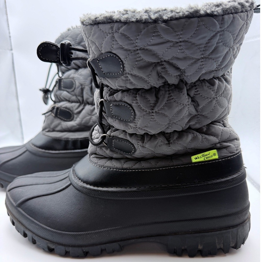 Western Chief Norman Mid Winter Boots Womens 10 Charcoal Faux Fur Quilted Snow
